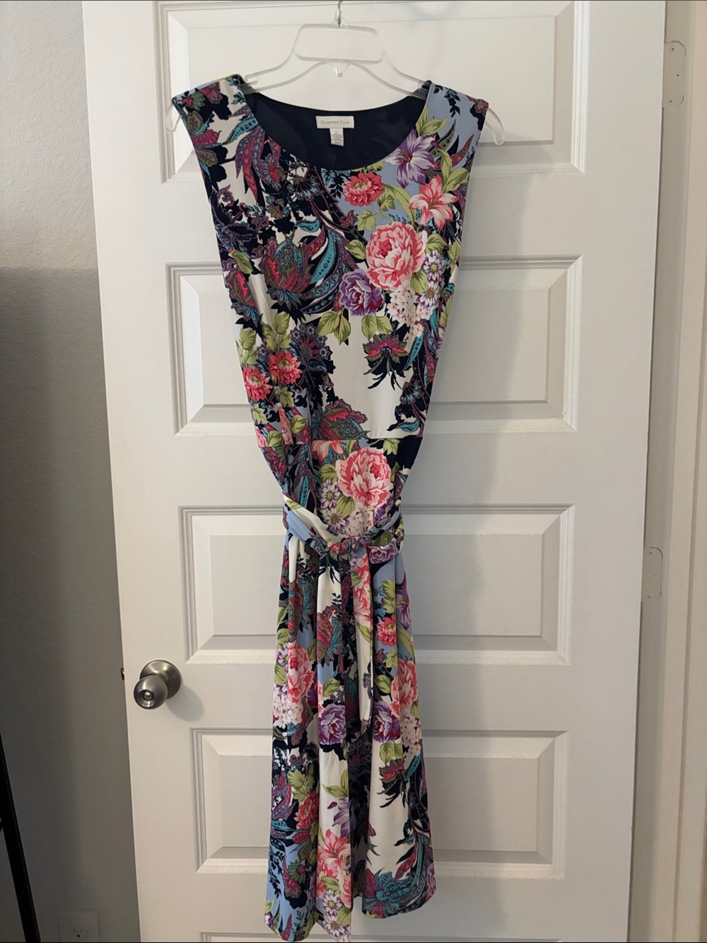 Charter Club White Floral Midi Dress w/Multicolor Blooms SZ L belted botanical